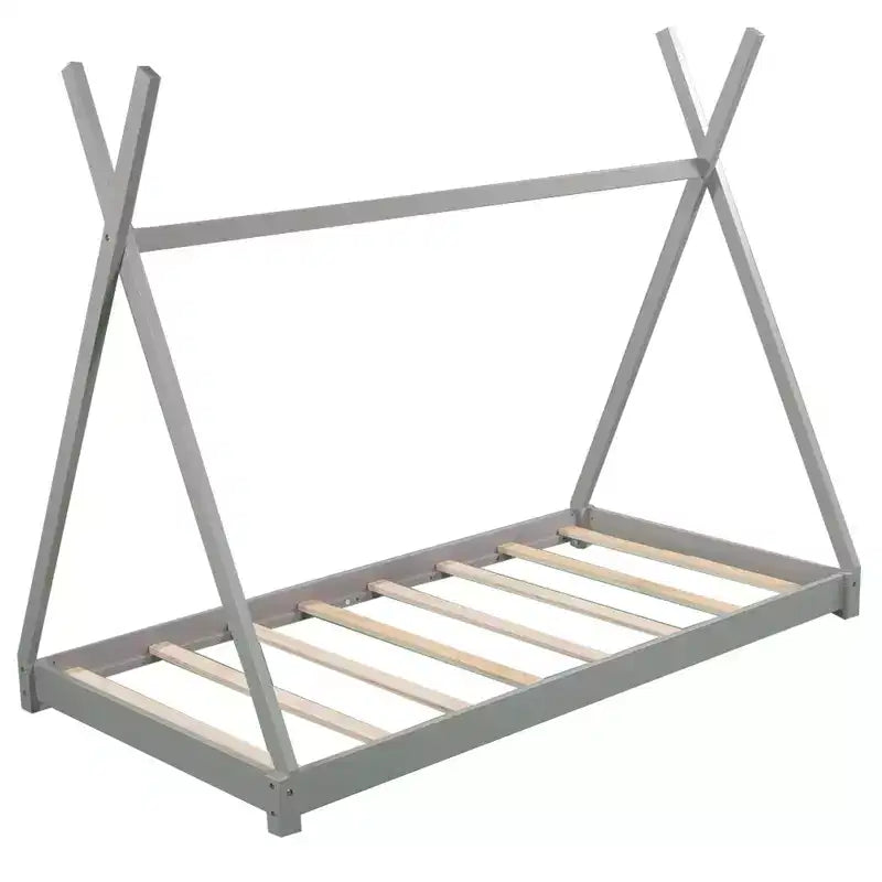 Cadre de lit double en bois pour garçons et filles, lit plateforme Montessori de taille double au ras du sol en forme de tente, cadre de lit cabane