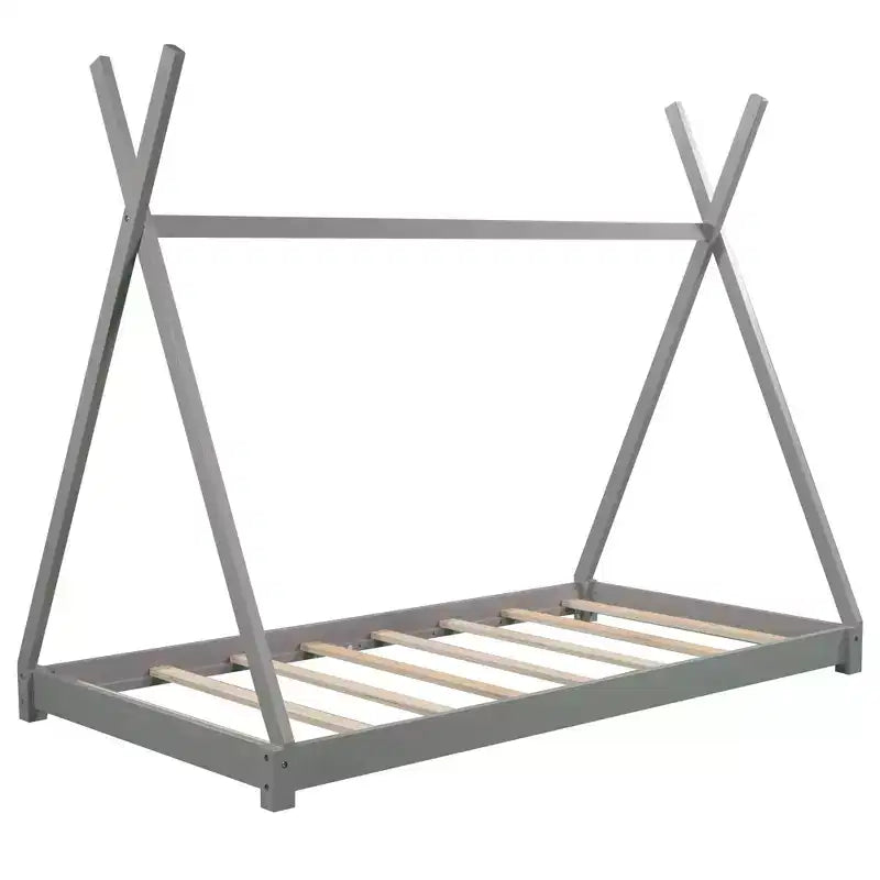 Cadre de lit double en bois pour garçons et filles, lit plateforme Montessori de taille double au ras du sol en forme de tente, cadre de lit cabane