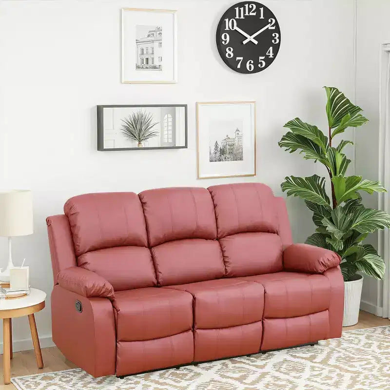 MAYEERTY Power Reclining Sofa, Electric 3-Seat Leather Recliner with Reversible Coffee Table for Living Room, Red