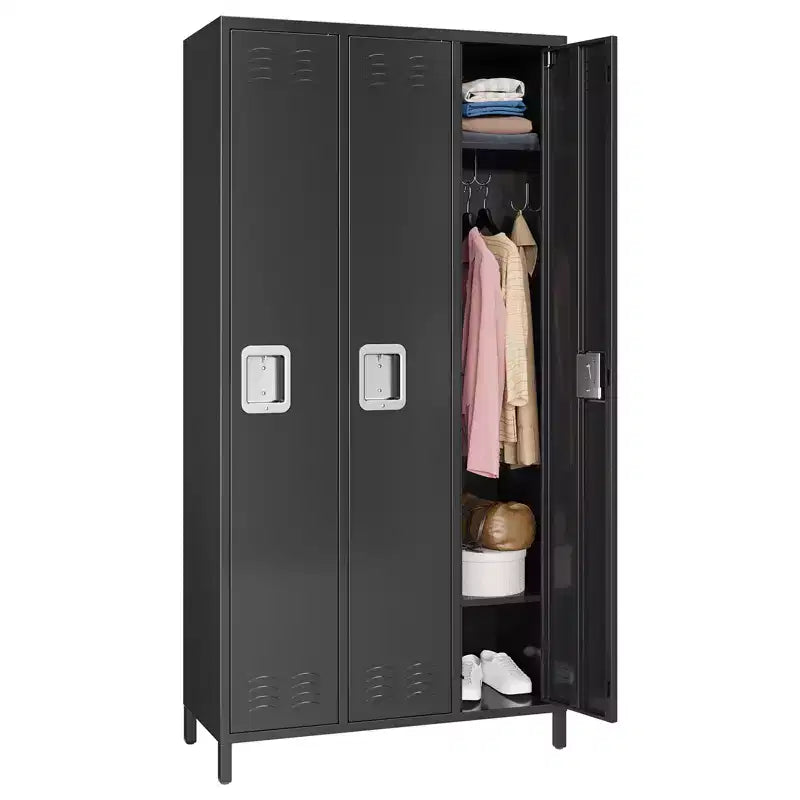 3-Door Metal Locker with 9 Hooks and 3 Shelves, Employee Metal Locker, 72 High Steel Locker for Home, Office, Gym, School, Assembly Required, Black