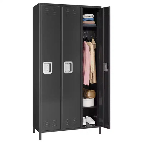 3-Door Metal Locker with 9 Hooks and 3 Shelves, Employee Metal Locker, 72 High Steel Locker for Home, Office, Gym, School, Assembly Required, Black