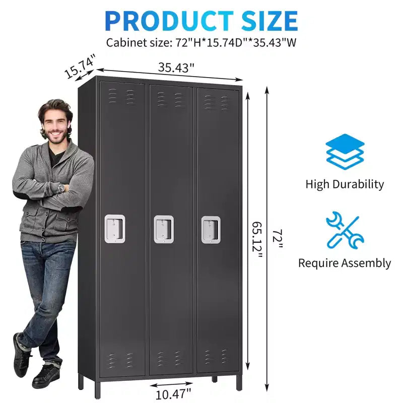 Casier métallique 3 portes avec 9 crochets et 3 étagères, Casier métallique pour employés, Casier en acier de 183 cm de haut pour la maison, le bureau, la salle de sport, l'école, Assemblage requis, Noir