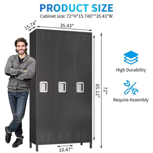 Casier métallique 3 portes avec 9 crochets et 3 étagères, Casier métallique pour employés, Casier en acier de 183 cm de haut pour la maison, le bureau, la salle de sport, l'école, Assemblage requis, Noir