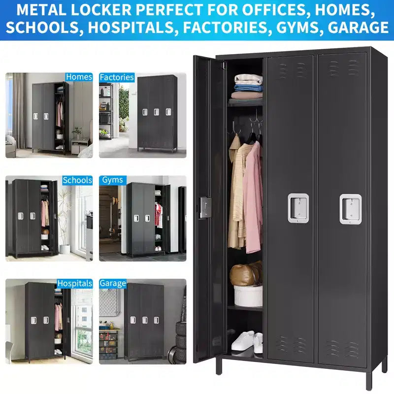 Casier métallique 3 portes avec 9 crochets et 3 étagères, Casier métallique pour employés, Casier en acier de 183 cm de haut pour la maison, le bureau, la salle de sport, l'école, Assemblage requis, Noir