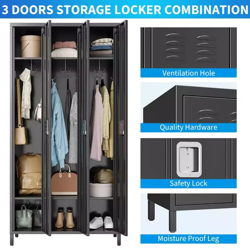 Casier métallique 3 portes avec 9 crochets et 3 étagères, Casier métallique pour employés, Casier en acier de 183 cm de haut pour la maison, le bureau, la salle de sport, l'école, Assemblage requis, Noir