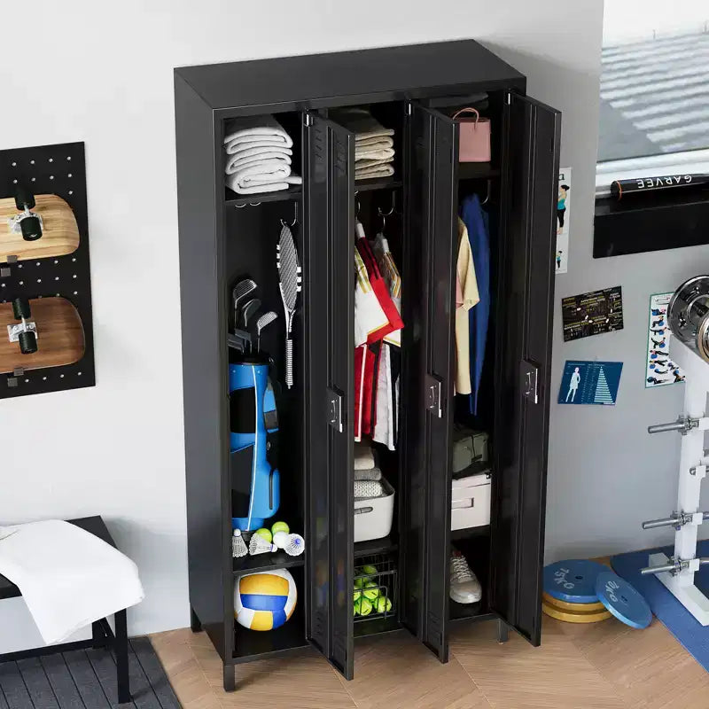 Casier métallique 3 portes avec 9 crochets et 3 étagères, Casier métallique pour employés, Casier en acier de 183 cm de haut pour la maison, le bureau, la salle de sport, l'école, Assemblage requis, Noir