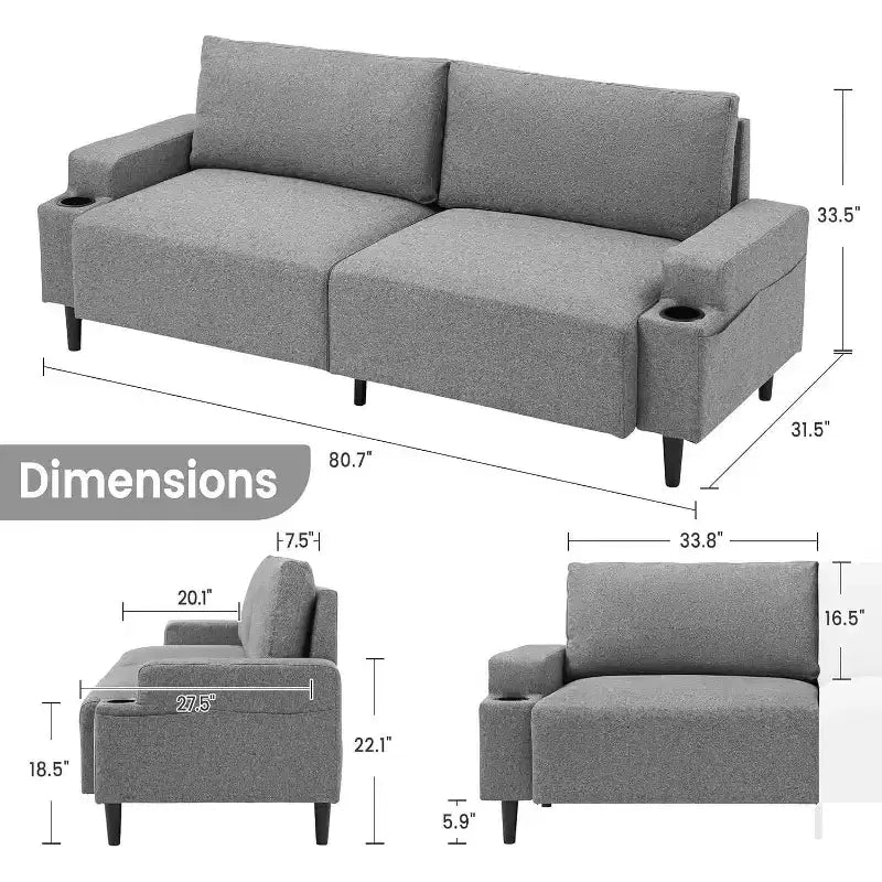 Canapé causeuse confort 81", 3 places avec porte-gobelets et poches de rangement, coussins moelleux pour salon, chambre à coucher
