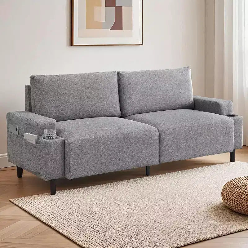 Canapé causeuse confort 81", 3 places avec porte-gobelets et poches de rangement, coussins moelleux pour salon, chambre à coucher