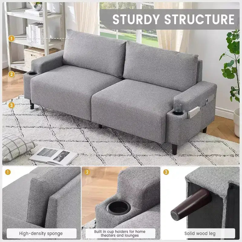 Canapé causeuse confort 81", 3 places avec porte-gobelets et poches de rangement, coussins moelleux pour salon, chambre à coucher
