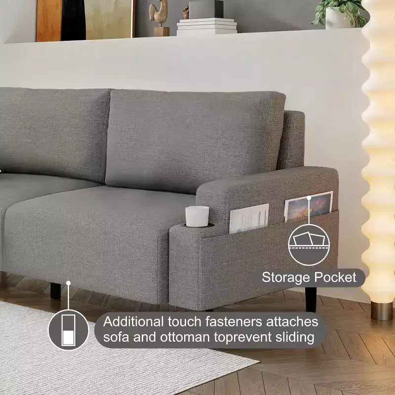 Canapé causeuse confort 81", 3 places avec porte-gobelets et poches de rangement, coussins moelleux pour salon, chambre à coucher