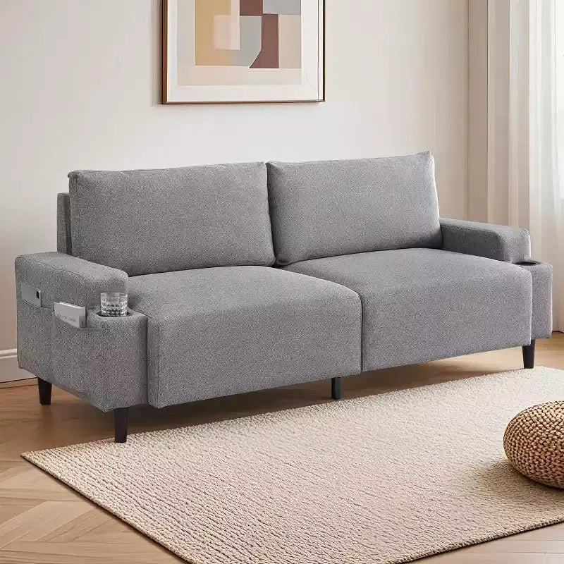 Canapé causeuse confort 81", 3 places avec porte-gobelets et poches de rangement, coussins moelleux pour salon, chambre à coucher