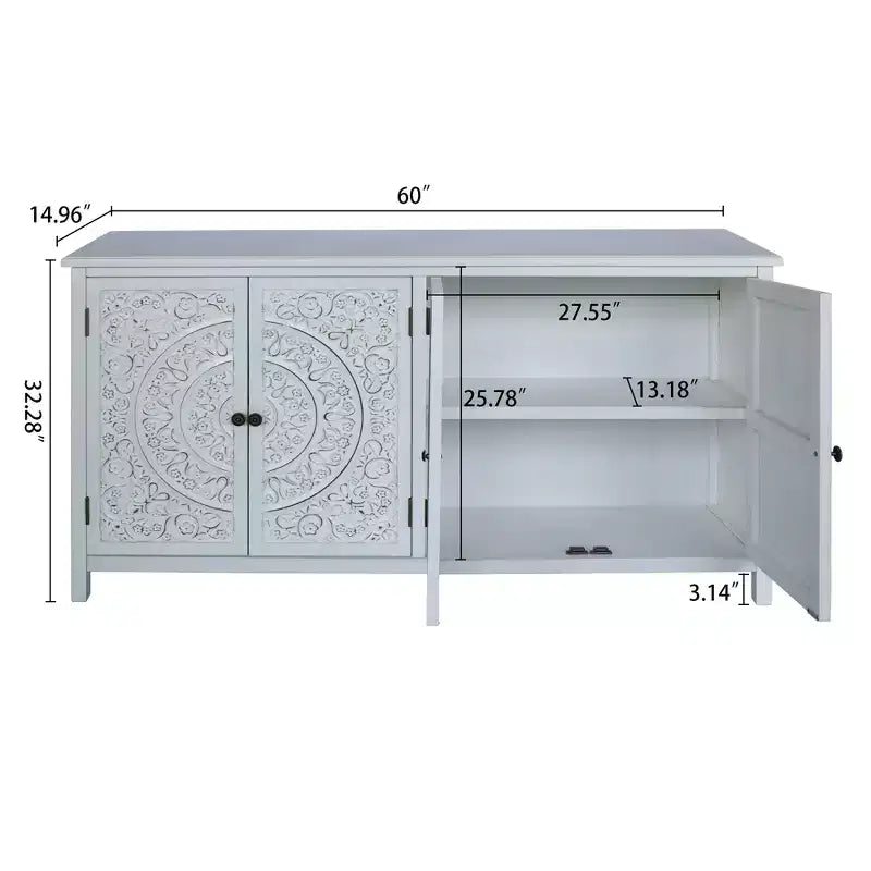 Buffet de rangement en bois de sapin de style transitionnel de 60,00 po avec 4 portes