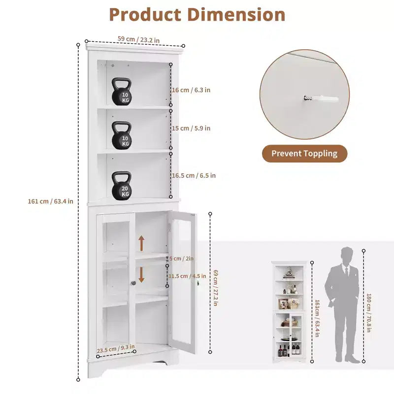 Armoire d'angle haute 63", armoire de rangement autoportante à 6 niveaux, armoire de salle de bain d'angle, armoire de garde-manger pour cuisine, salon, salle de bain