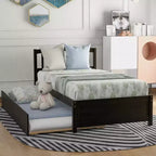 Twin Size Platform Bed with Trundle, Wood Twin Bed Frame with Headboard for Bedroom