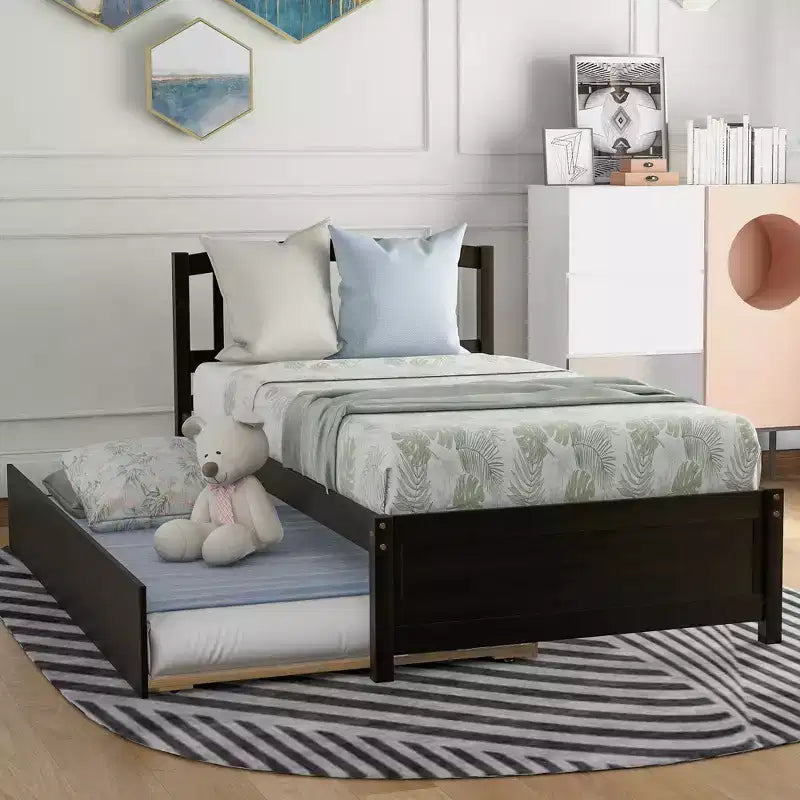 Twin Size Platform Bed with Trundle, Wood Twin Bed Frame with Headboard for Bedroom
