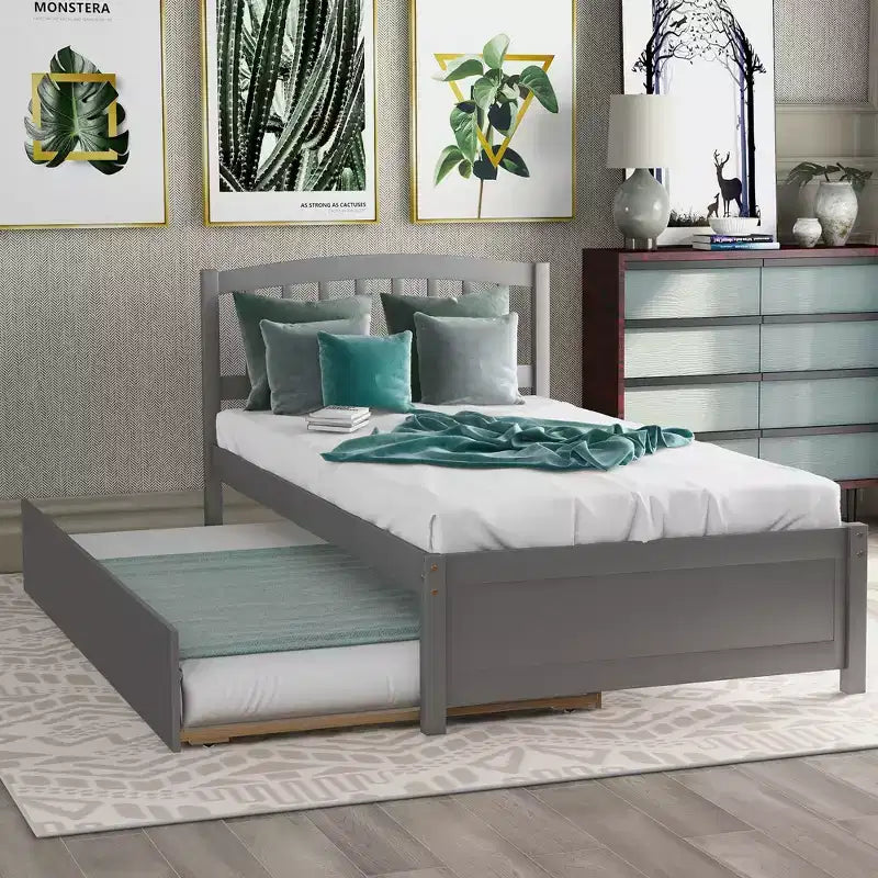 Lit plateforme double avec lit gigogne, cadre de lit double en bois avec tête de lit pour chambre à coucher