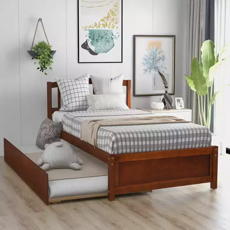 Lit plateforme double avec lit gigogne, cadre de lit double en bois avec tête de lit pour chambre à coucher