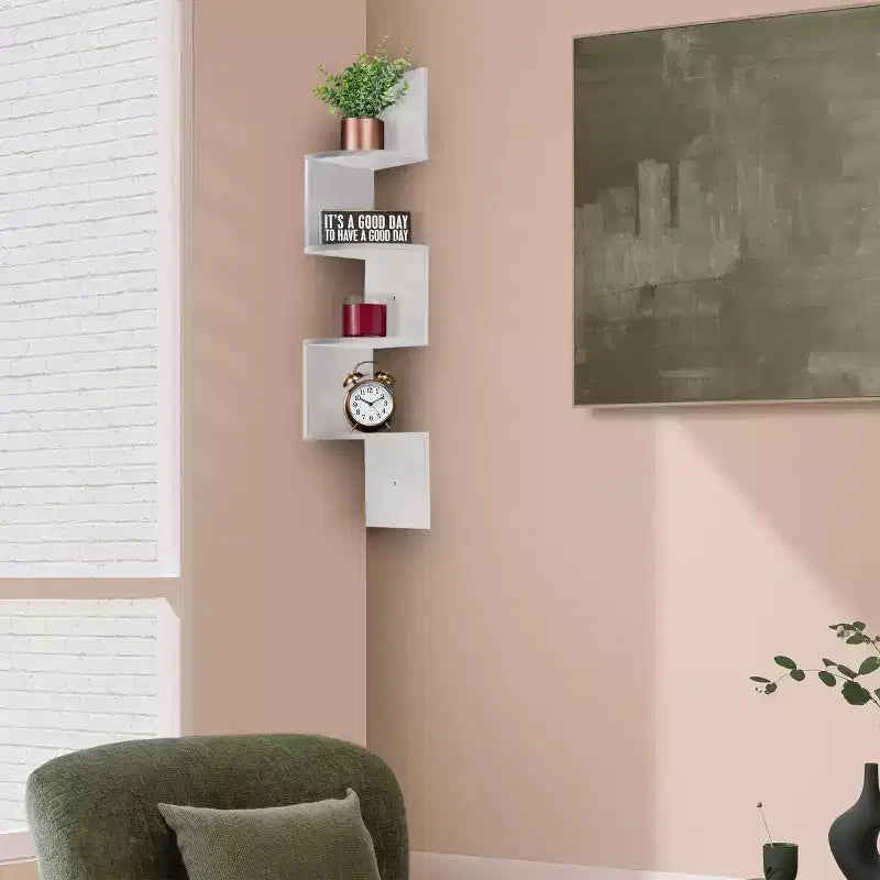 Étagère d'angle murale flottante Zig Zag à 5 niveaux (101,6 cm de hauteur) pour salon, chambre, bureau et plus - Solution de rangement peu encombrante