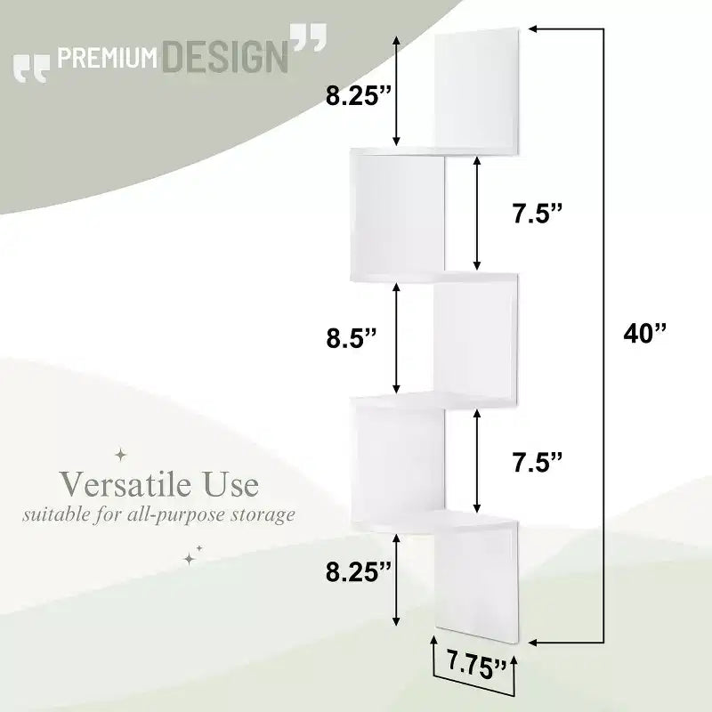 Étagère d'angle murale flottante Zig Zag à 5 niveaux (101,6 cm de hauteur) pour salon, chambre, bureau et plus - Solution de rangement peu encombrante