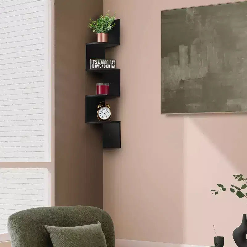 Étagère d'angle murale flottante Zig Zag à 5 niveaux (101,6 cm de hauteur) pour salon, chambre, bureau et plus - Solution de rangement peu encombrante