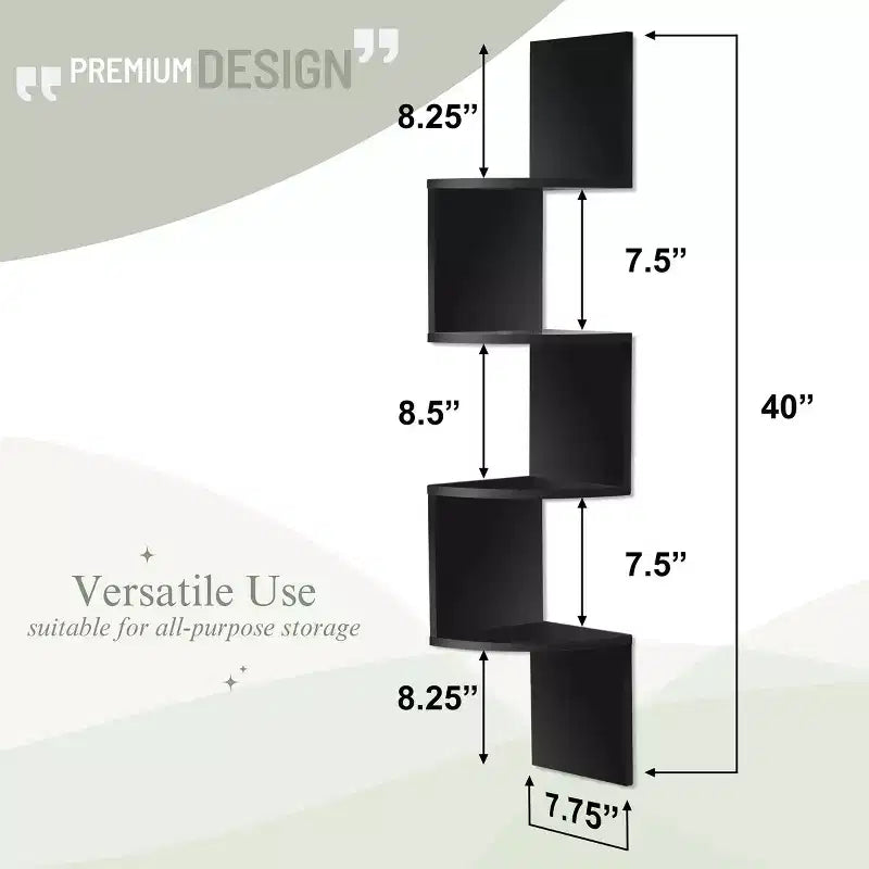 Étagère d'angle murale flottante Zig Zag à 5 niveaux (101,6 cm de hauteur) pour salon, chambre, bureau et plus - Solution de rangement peu encombrante