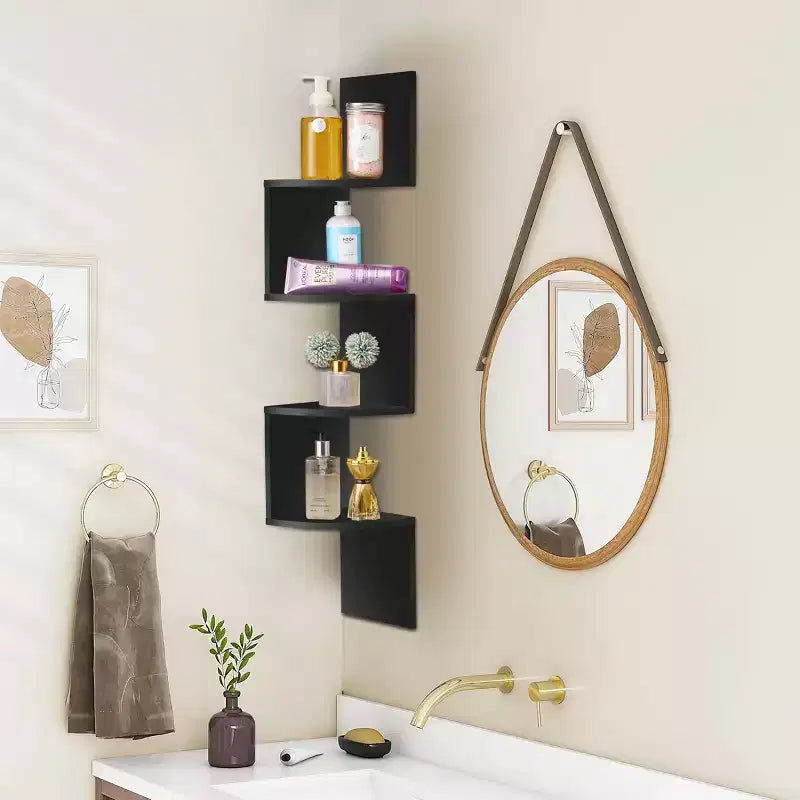 Étagère d'angle murale flottante Zig Zag à 5 niveaux (101,6 cm de hauteur) pour salon, chambre, bureau et plus - Solution de rangement peu encombrante