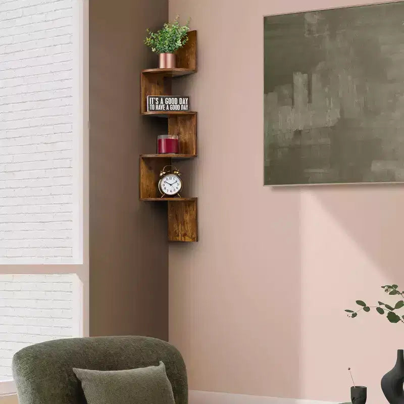 Étagère d'angle murale flottante Zig Zag à 5 niveaux (101,6 cm de hauteur) pour salon, chambre, bureau et plus - Solution de rangement peu encombrante