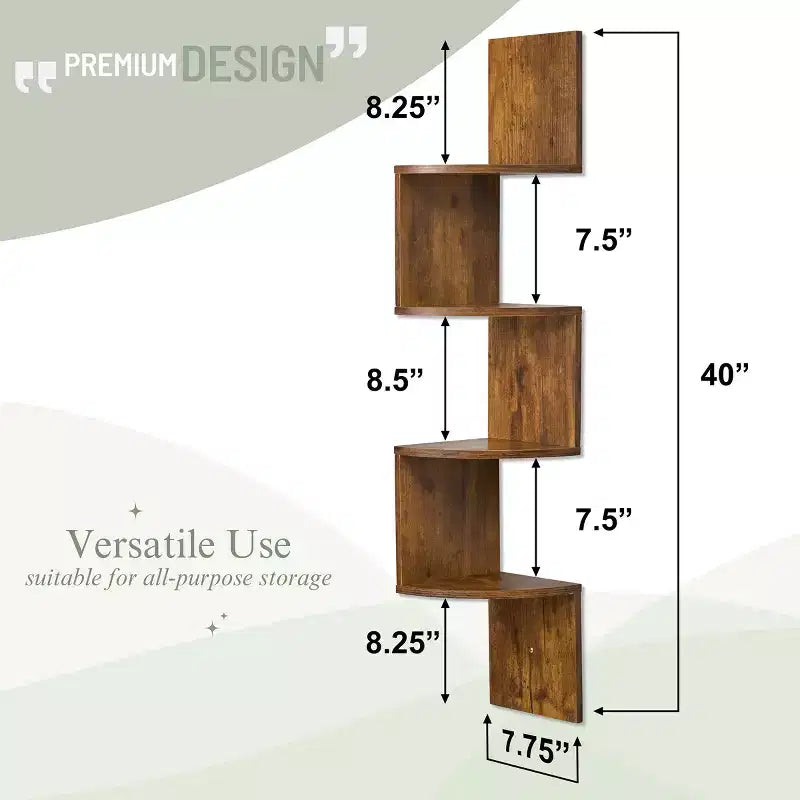 Étagère d'angle murale flottante Zig Zag à 5 niveaux (101,6 cm de hauteur) pour salon, chambre, bureau et plus - Solution de rangement peu encombrante