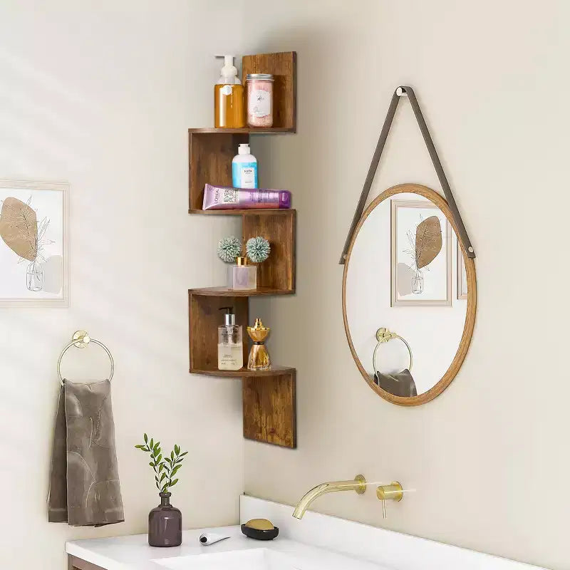 Étagère d'angle murale flottante Zig Zag à 5 niveaux (101,6 cm de hauteur) pour salon, chambre, bureau et plus - Solution de rangement peu encombrante