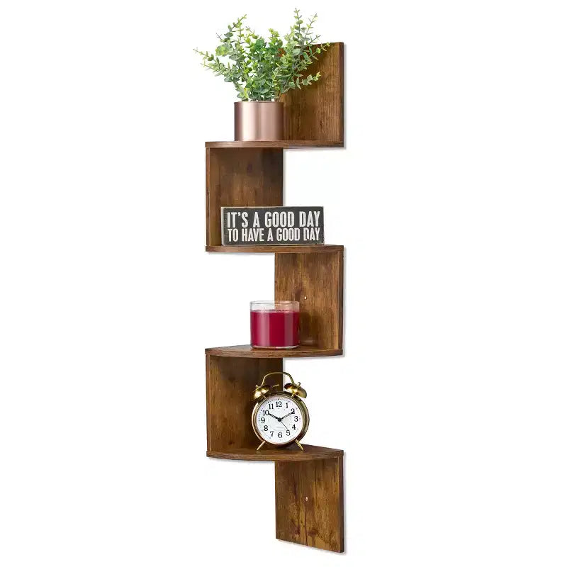 Étagère d'angle murale flottante Zig Zag à 5 niveaux (101,6 cm de hauteur) pour salon, chambre, bureau et plus - Solution de rangement peu encombrante