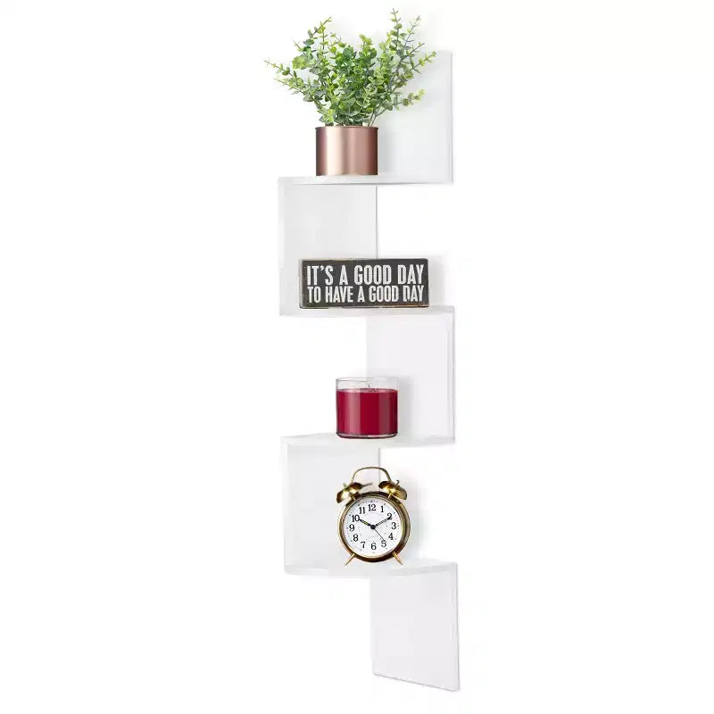 Étagère d'angle murale flottante Zig Zag à 5 niveaux (101,6 cm de hauteur) pour salon, chambre, bureau et plus - Solution de rangement peu encombrante