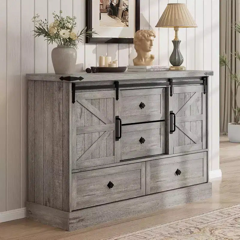 COZONY 45 White 4 Drawer Dresser with Barn Doors  Bedroom Wood Dresser for Closet, Living Room, TV Stand