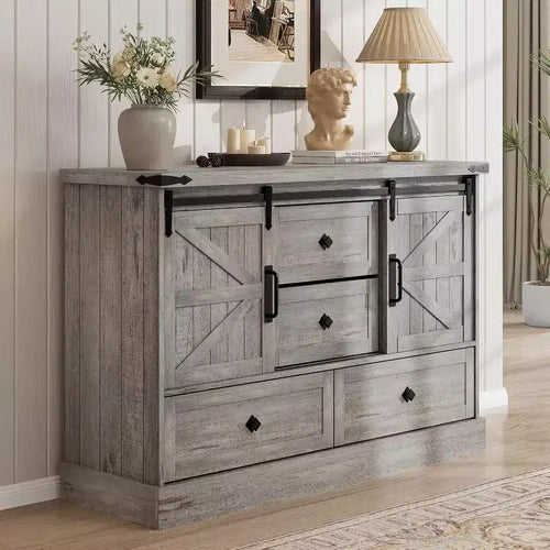 COZONY 45 White 4 Drawer Dresser with Barn Doors  Bedroom Wood Dresser for Closet, Living Room, TV Stand