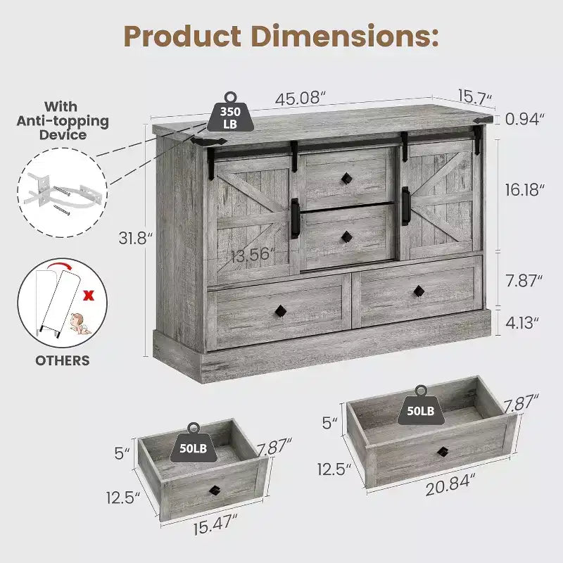 Commode blanche à 4 tiroirs de 45 po avec portes de grange - Commode en bois pour chambre à coucher, placard, salon, meuble TV
