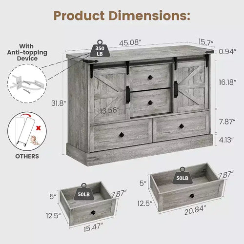 Commode blanche à 4 tiroirs de 45 po avec portes de grange - Commode en bois pour chambre à coucher, placard, salon, meuble TV