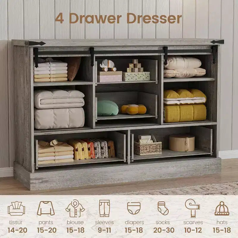 Commode blanche à 4 tiroirs de 45 po avec portes de grange - Commode en bois pour chambre à coucher, placard, salon, meuble TV
