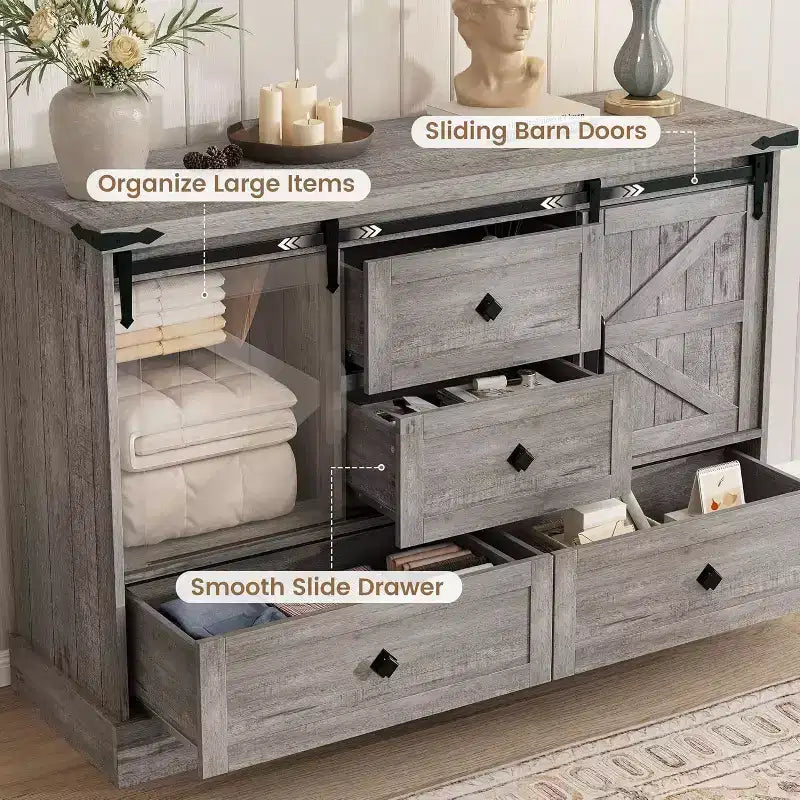 Commode blanche à 4 tiroirs de 45 po avec portes de grange - Commode en bois pour chambre à coucher, placard, salon, meuble TV