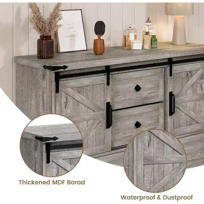 Commode blanche à 4 tiroirs de 45 po avec portes de grange - Commode en bois pour chambre à coucher, placard, salon, meuble TV