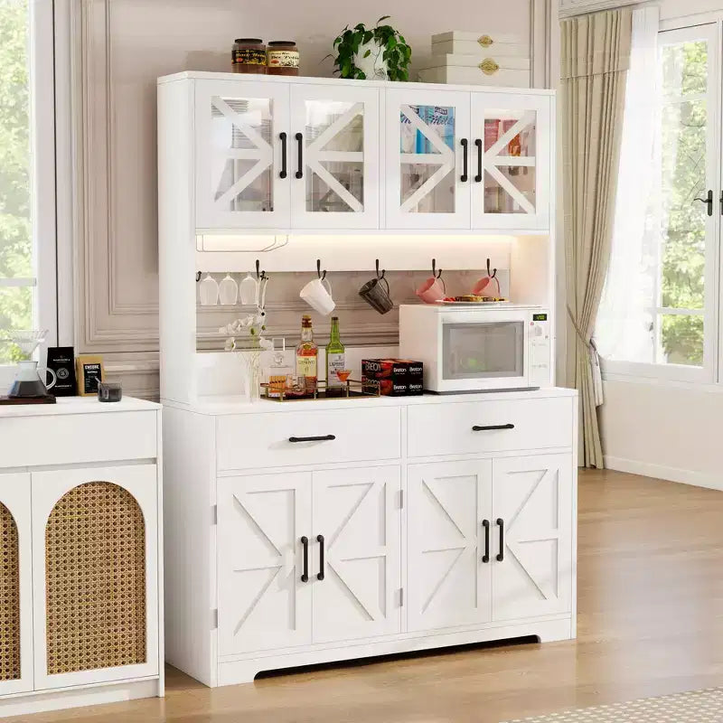 71 Meuble de cuisine à LED avec prise de courant, meuble de bar à café, grand buffet de rangement de cuisine avec étagères de porte et tablettes