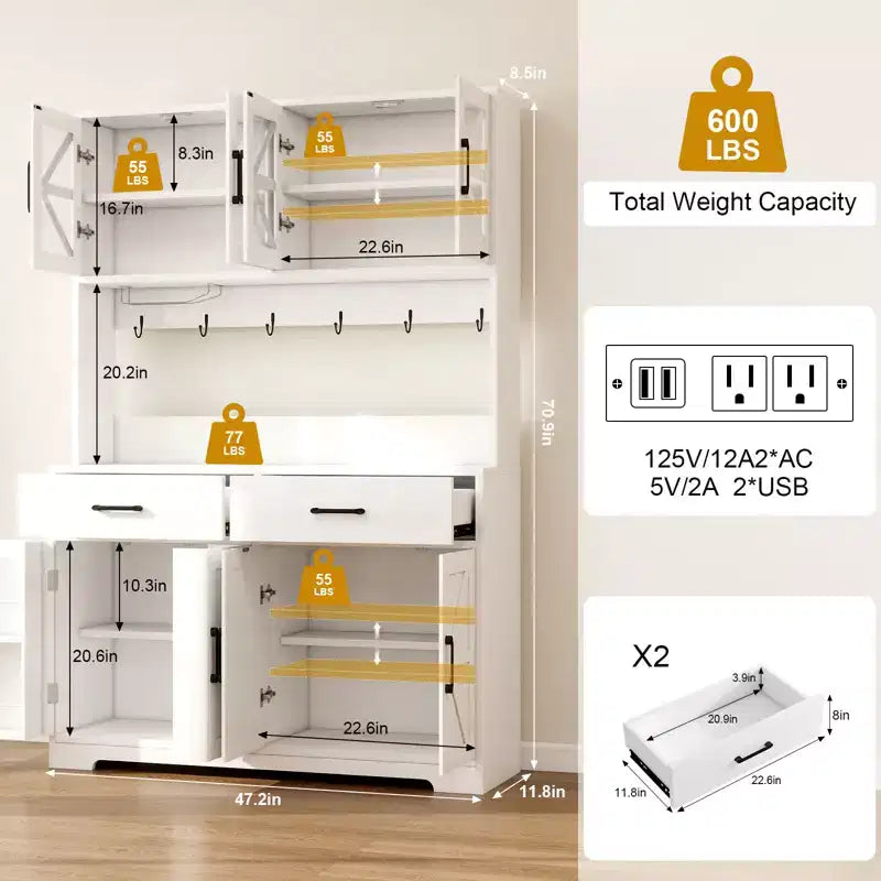 71 Meuble de cuisine à LED avec prise de courant, meuble de bar à café, grand buffet de rangement de cuisine avec étagères de porte et tablettes