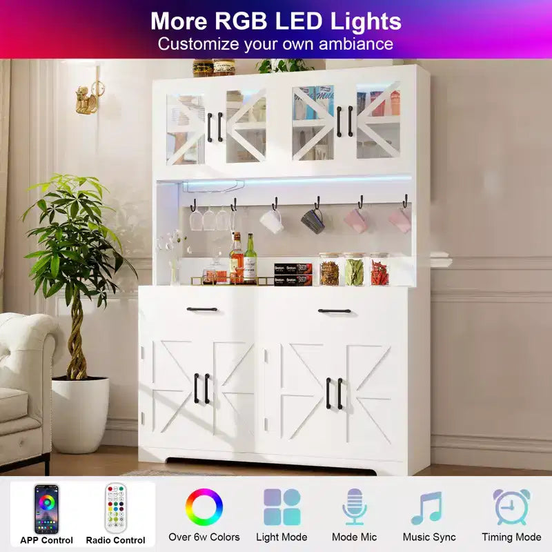 71 Meuble de cuisine à LED avec prise de courant, meuble de bar à café, grand buffet de rangement de cuisine avec étagères de porte et tablettes