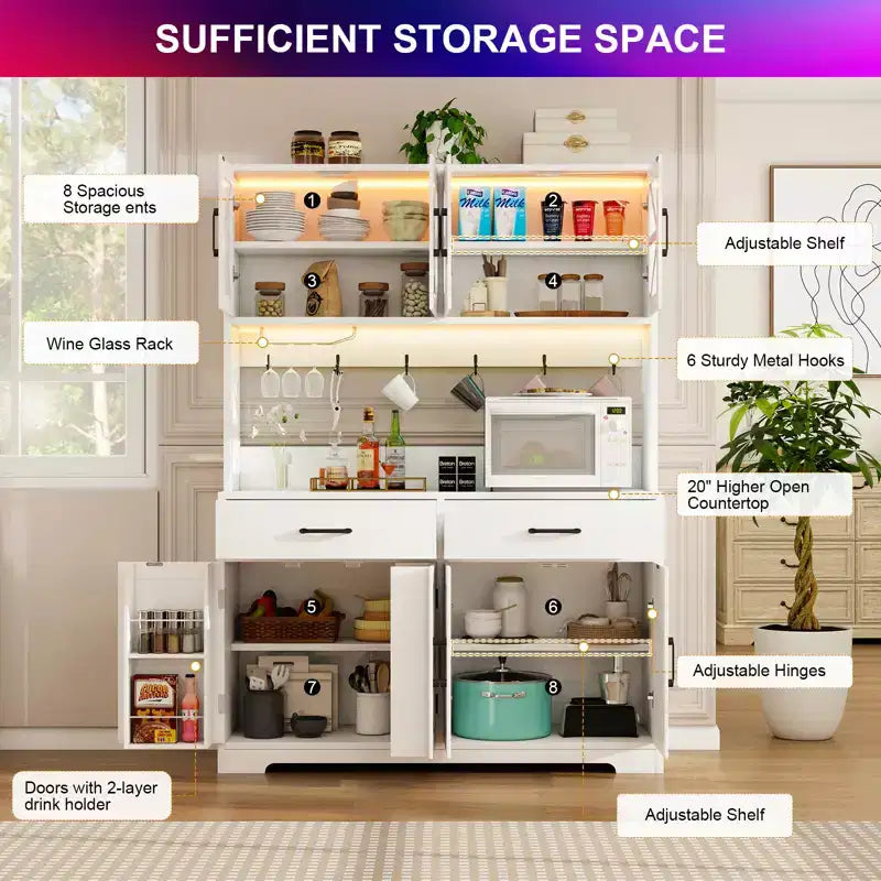 71 Meuble de cuisine à LED avec prise de courant, meuble de bar à café, grand buffet de rangement de cuisine avec étagères de porte et tablettes