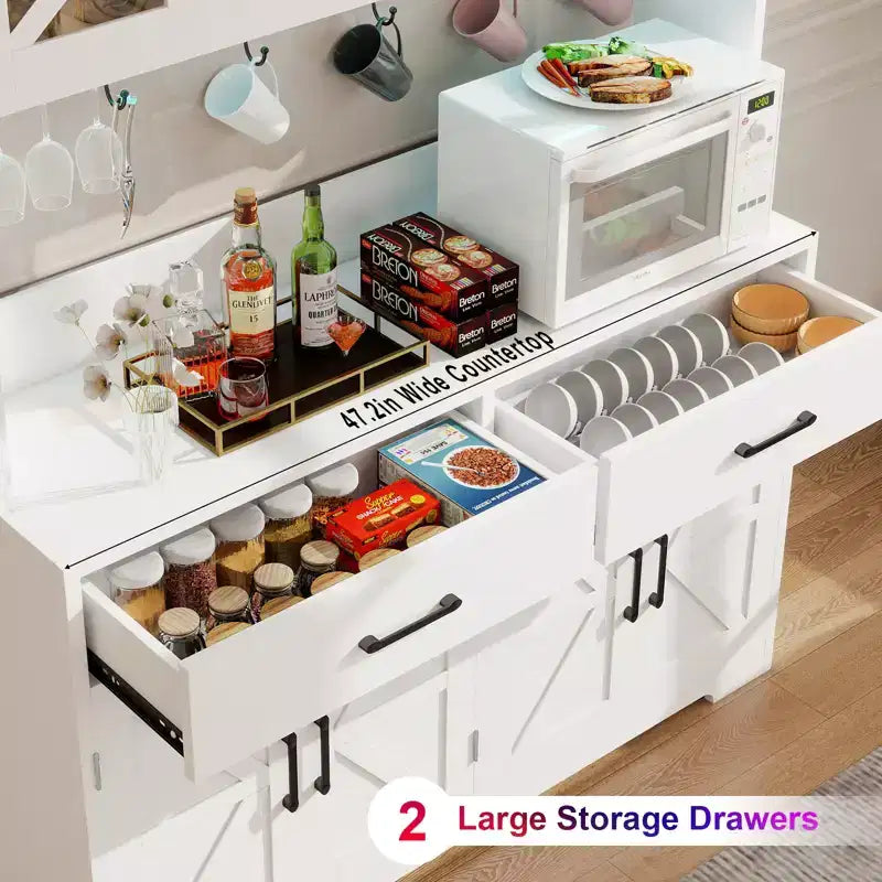 71 Meuble de cuisine à LED avec prise de courant, meuble de bar à café, grand buffet de rangement de cuisine avec étagères de porte et tablettes