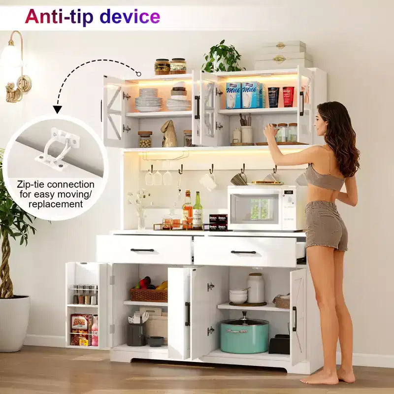 71 Meuble de cuisine à LED avec prise de courant, meuble de bar à café, grand buffet de rangement de cuisine avec étagères de porte et tablettes