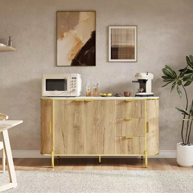 Buffet bas ovale moderne de 150 cm, commode à cannelures avec 3 tiroirs et étagère réglable, grande console en bois pour salle à manger, cuisine