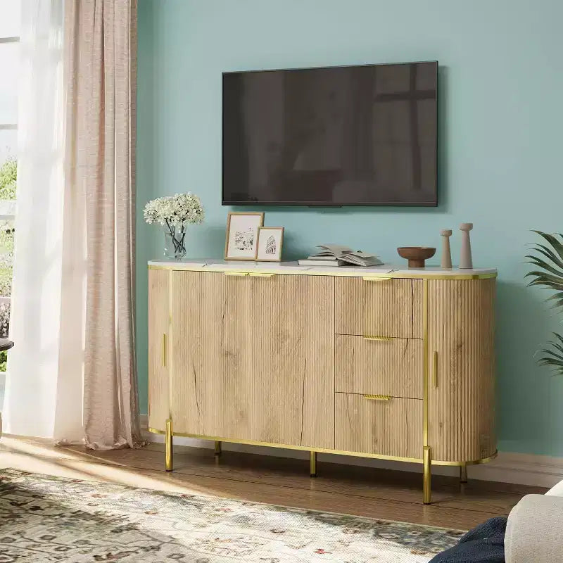 Buffet bas ovale moderne de 150 cm, commode à cannelures avec 3 tiroirs et étagère réglable, grande console en bois pour salle à manger, cuisine