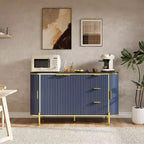 Buffet bas ovale moderne de 150 cm, commode à cannelures avec 3 tiroirs et étagère réglable, grande console en bois pour salle à manger, cuisine