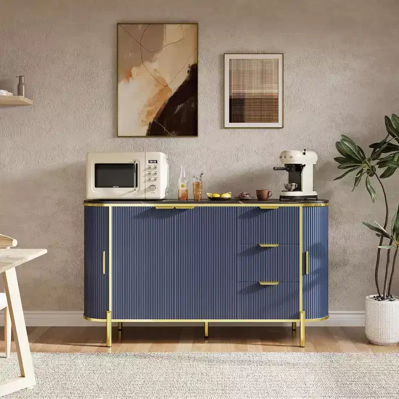 Buffet bas ovale moderne de 150 cm, commode à cannelures avec 3 tiroirs et étagère réglable, grande console en bois pour salle à manger, cuisine