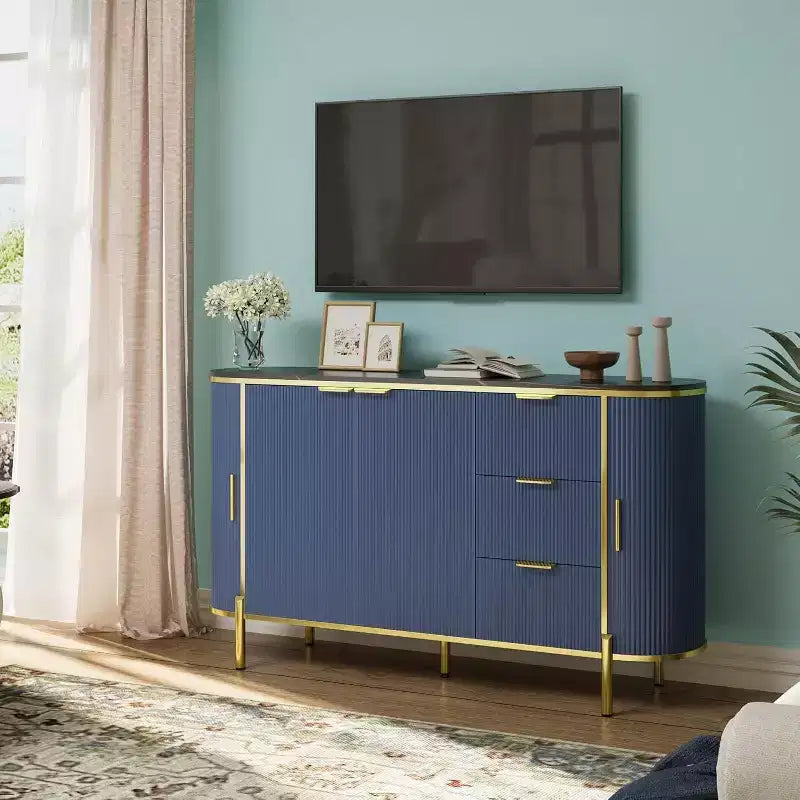 Buffet bas ovale moderne de 150 cm, commode à cannelures avec 3 tiroirs et étagère réglable, grande console en bois pour salle à manger, cuisine