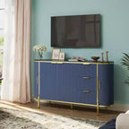 Buffet bas ovale moderne de 150 cm, commode à cannelures avec 3 tiroirs et étagère réglable, grande console en bois pour salle à manger, cuisine